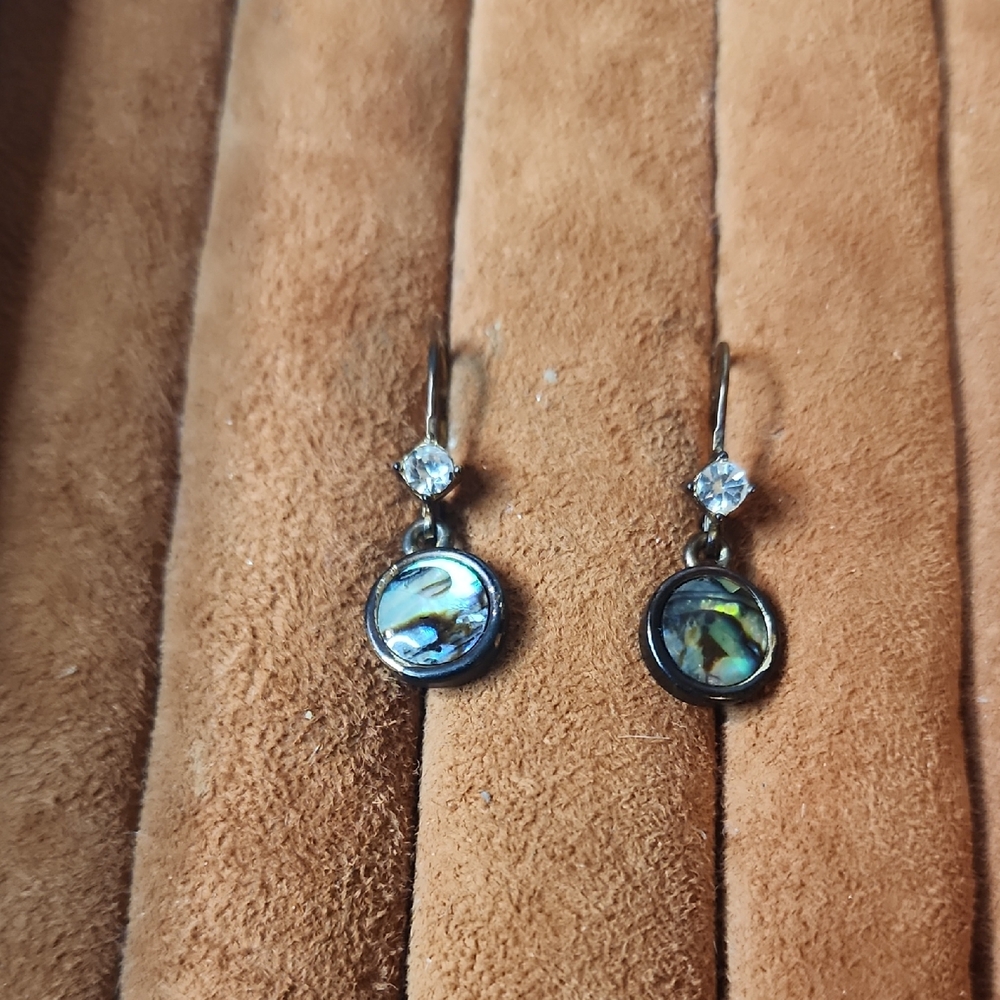 Abalone and Crystal Drop Earrings | Vintage Brass